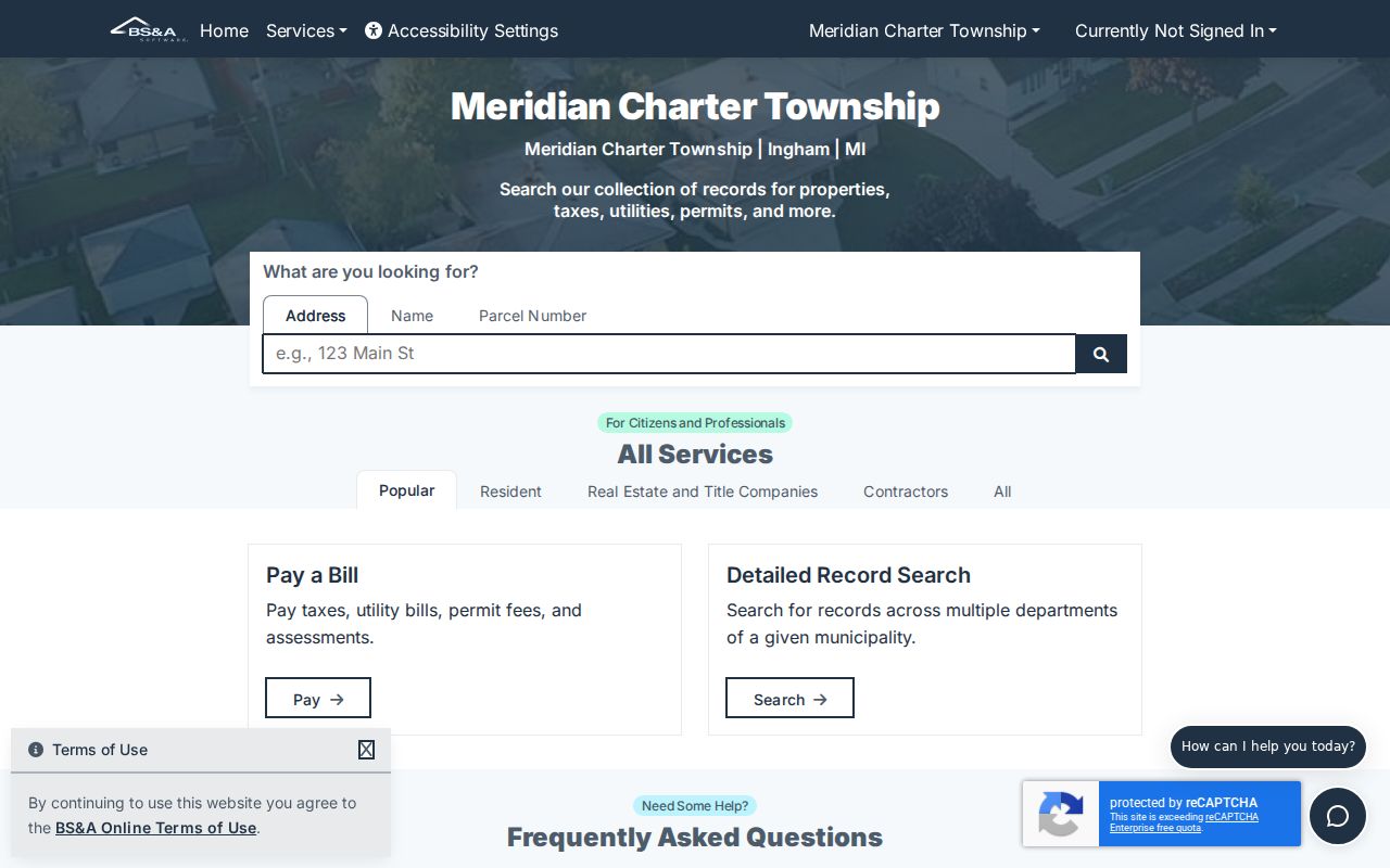 Meridian Township residents directory BSA property search interface