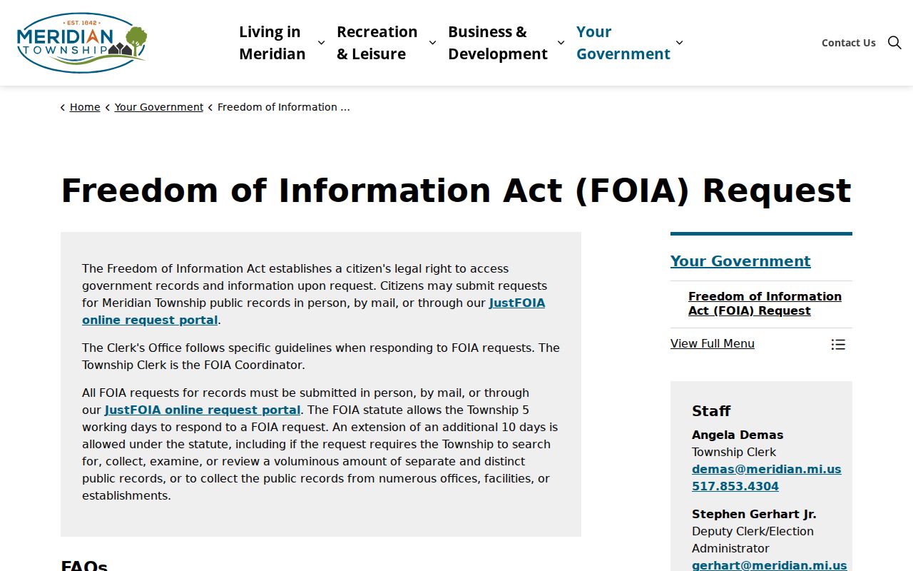 Meridian Township residents directory FOIA request information