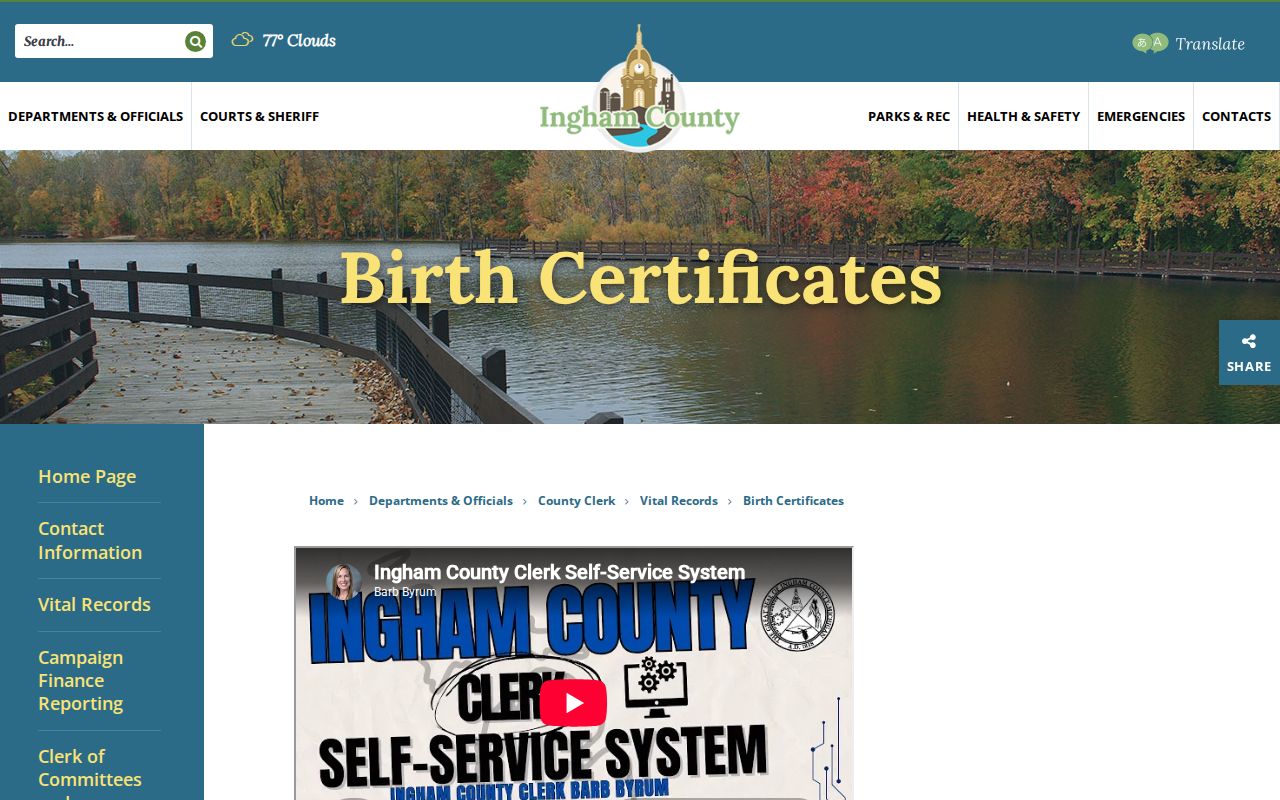 Meridian Township resident lookup Ingham County birth certificate access page