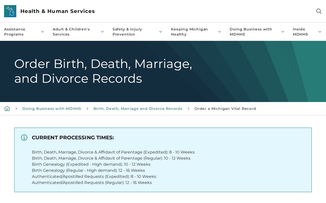 Meridian Township resident lookup Michigan MDHHS vital-record ordering screen
