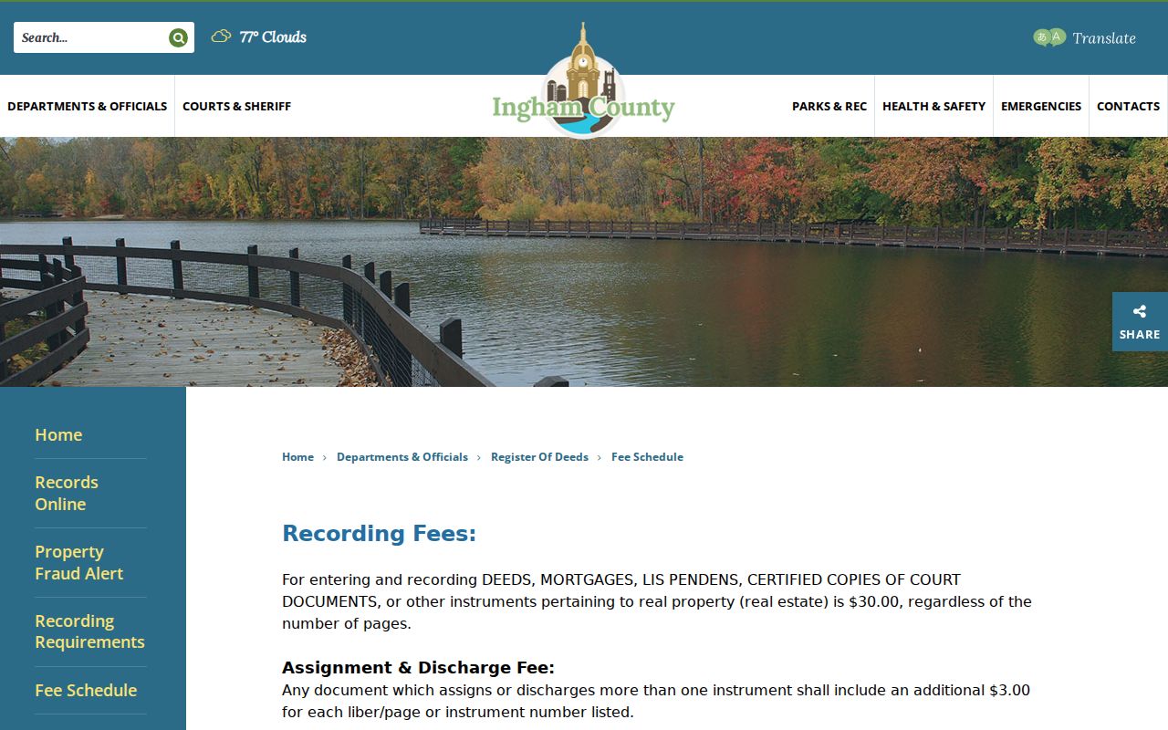Meridian Township street directory Ingham County Register of Deeds fee schedule