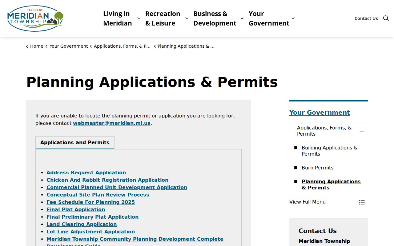 Meridian Township street directory planning applications permits and forms page